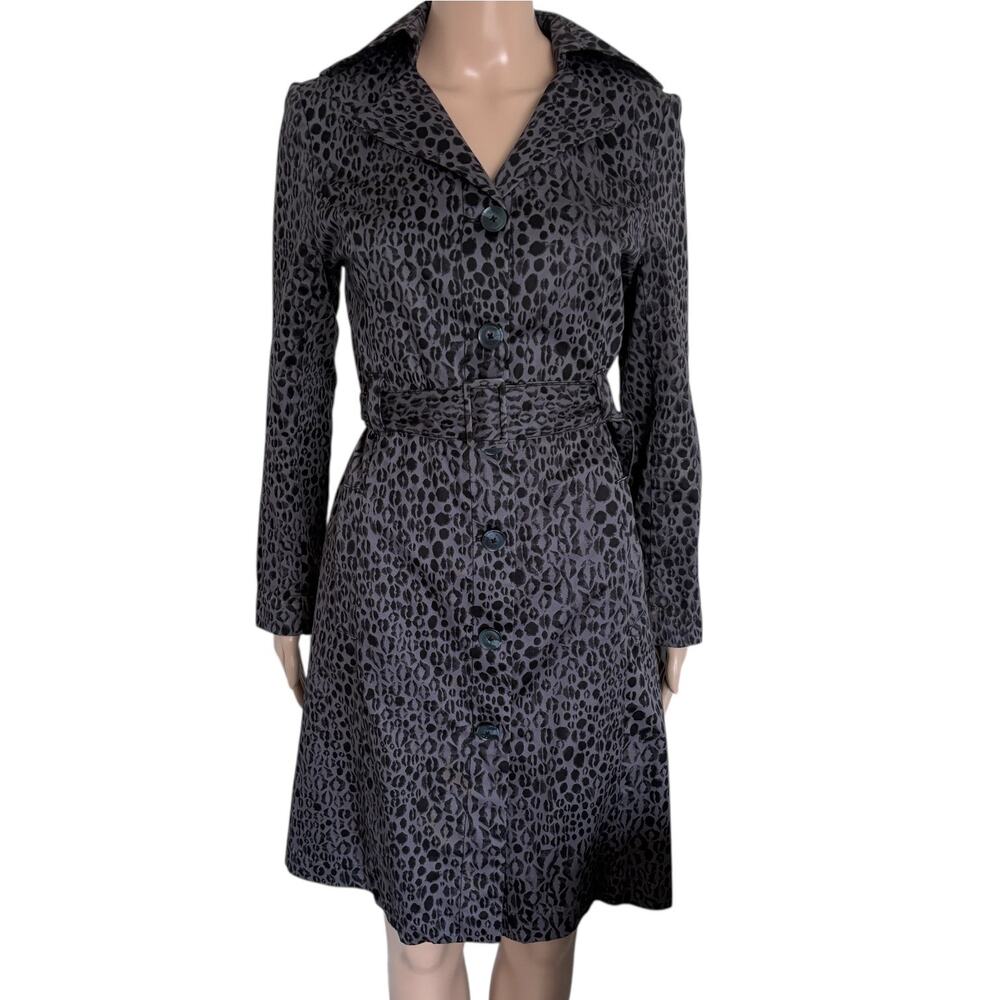 Y2K Lip Print Belted Trench Coat Dress XS Indie Grunge Goth Statement Gray
